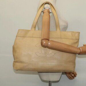 CHANEL Tote Bag Grained Calf Skin Beige Gold CC Auth bs29277